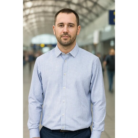 Tallia Navy Lavender Geometric Print Button Down Shirt Size Large 16.5" Classic - Picture 1 of 9